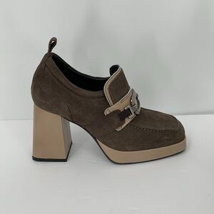 Casta Josh chunky platform loafers brown suede tan patent shoe pewter oval 40 9